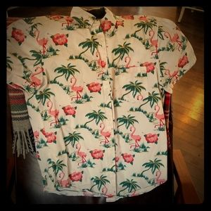 Flamingo and palm tree print Hawaiian shirt